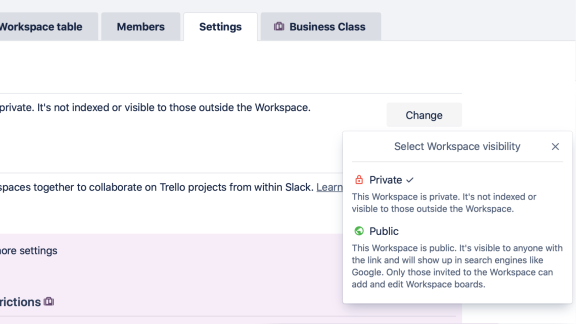 An image showing to set member permissions for a Trello Workspace