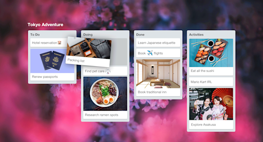 画像: 旅行の計画に使用する Trello ボードの例