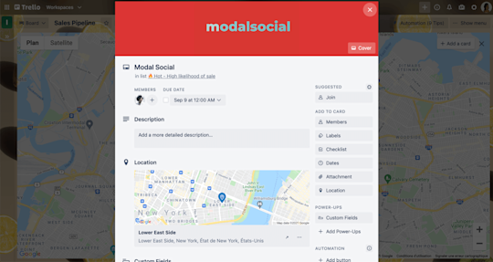 An image showing a Trello card with a map location enabled