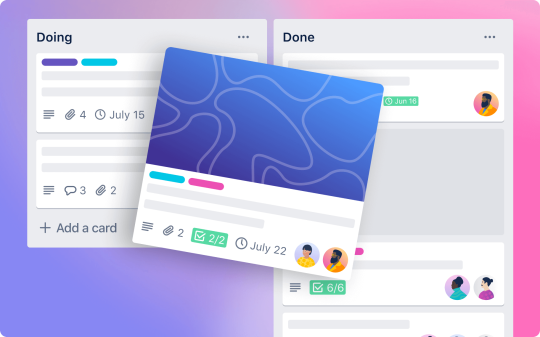 Illustration of a Trello card being moved into the 'done' list