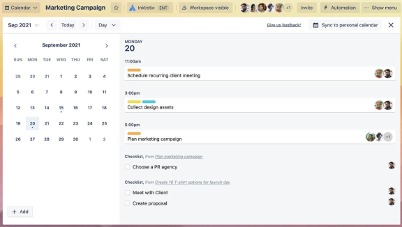 An image showing how to view your day using Calendar view in Trello
