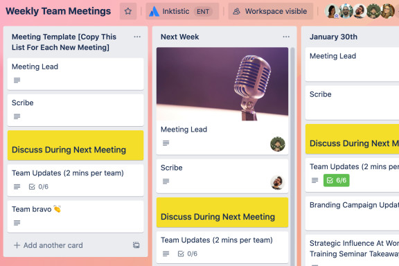 Imagem que mostra como um quadro do Trello pode ajudar os times a monitorar as anotações de reunião e os itens de ação das reuniões semanais