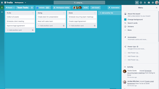 A view of the menu on a Trello board