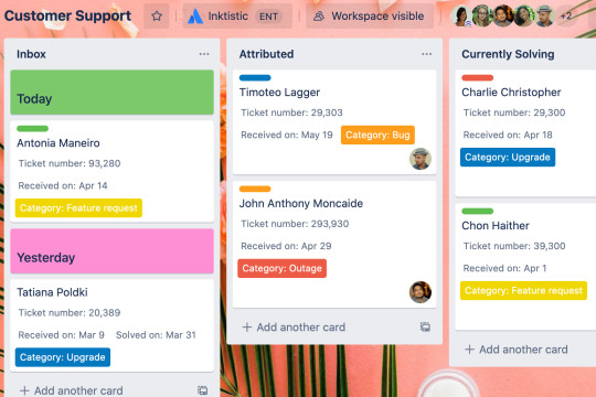 An image of a Trello board depicting how customer support can be tracked.