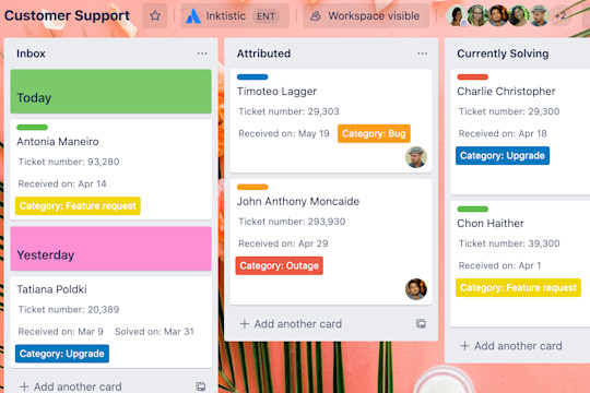 Изображение доски Trello, демонстрирующее, как можно отслеживать работу службы поддержки клиентов.