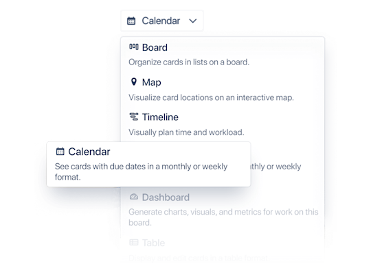  スクリーンショット: Trello ボードでカレンダー ビューを選択した場合