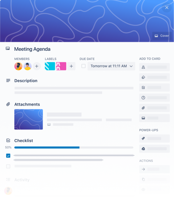An illustration showing a Trello card used for a meeting agenda