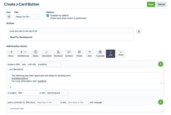 Imagen que muestra cómo crear un botón de tarjeta para automatizar las notificaciones en Slack y Jira