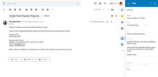 Immagine che mostra l'add-on di Trello per Gmail