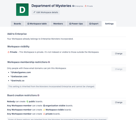 Ansicht eines Bildschirms mit Einstellungen für einen Trello-Arbeitsbereich