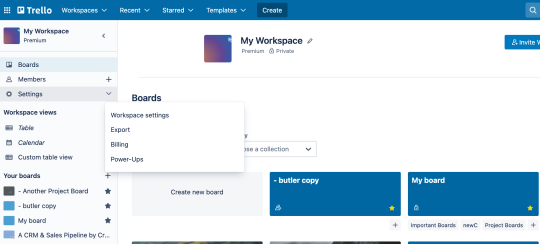An image showing how to access security and administrative features in a Trello Workspace