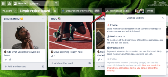 An image showing how to select privacy settings for a Trello board