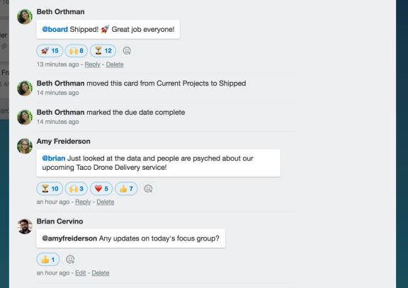 An image showing emoji reactions to comments on a Trello card