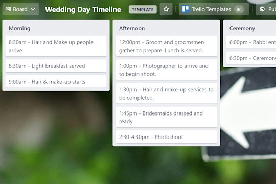 An image showing the Wedding Day Timeline Template for a Trello board