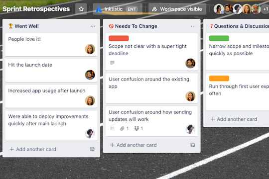 A view of a Trello board depicting the phases within a sprint retrospective.