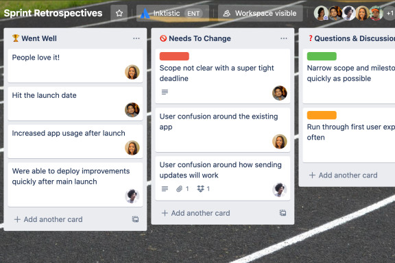 A view of a Trello board depicting the phases within a sprint retrospective.