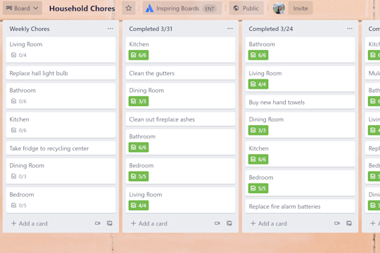 Imagen que muestra la plantilla de tareas de casa para un tablero de Trello