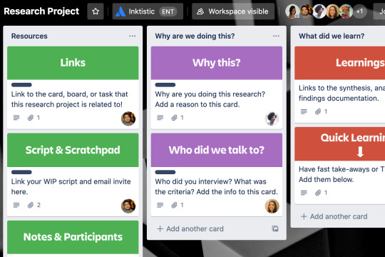 A view of a Trello board depicting and idea of how to set up a research project