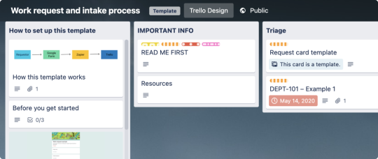 ภาพหน้าจอของบอร์ด Trello ที่กำลังอ่าน "คำขอการทำงานและกระบวนการนำเข้า"