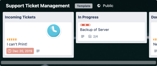Screenshot of a Trello board reading "Support Ticket Management"
