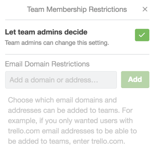 An image showing how to select Team Membership Restrictions for a Trello Workspace