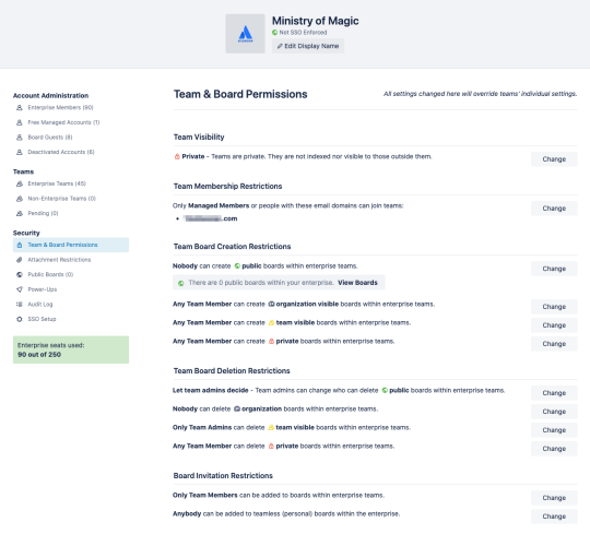 An image showing Workspace & Board Permissions on a Trello Enterprise Admin Dashboard