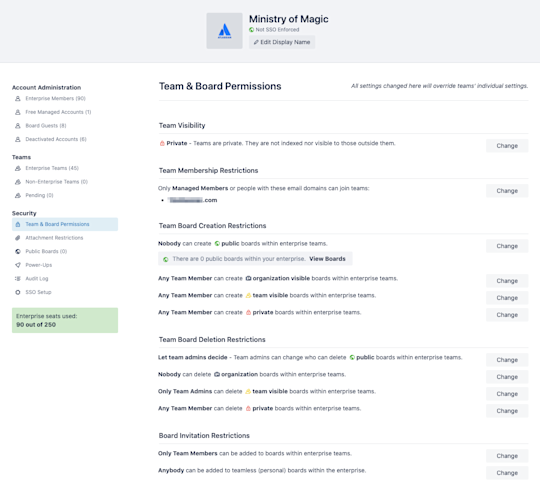 An image showing Workspace & Board Permissions on a Trello Enterprise Admin Dashboard