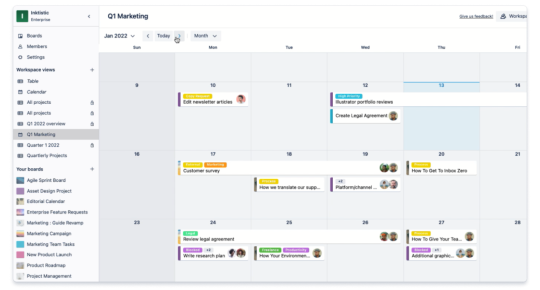 Imagen que muestra un ejemplo de la vista de Calendario del Espacio de trabajo de Trello