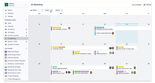 Imagem com um exemplo de visualização Calendário da Área de trabalho do Trello