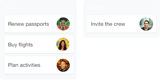 画像: Trello ボード上で旅行の計画に使用するタスクの例