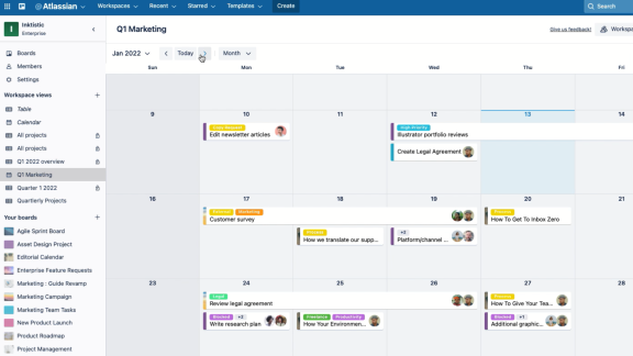 An image showing Calendar view of a Trello Workspace