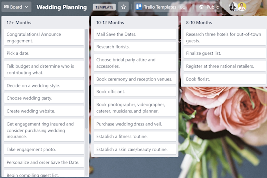 An image showing the Wedding Planning Template for a Trello board