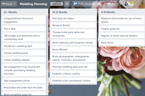 An image showing the Wedding Planning Template for a Trello board