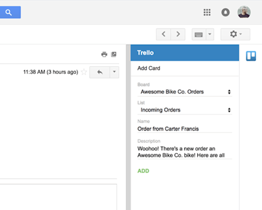 Widok dodatku Power-Up Gmail na tablicy Trello