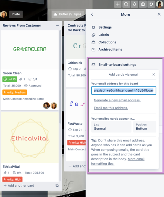 Imagem que mostra o recurso de e-mail para quadro do Trello