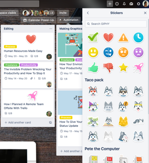 An image showing how to add stickers to a Trello board
