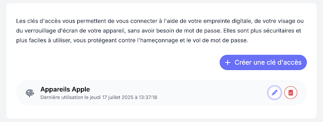 Capture d’écran des clés d'accès sur Convoflo