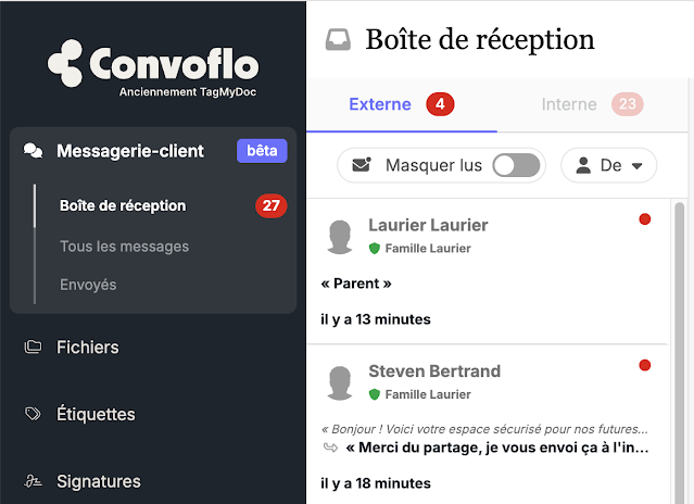 Capture d'écran de la boîte de réception Convoflo