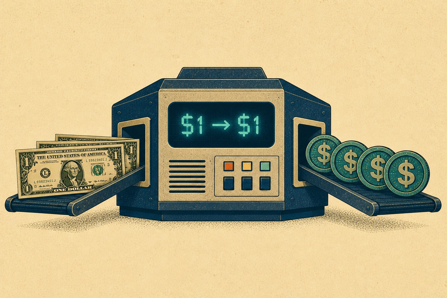 Stablecoin $1 peg illustration — dollars to digital dollars