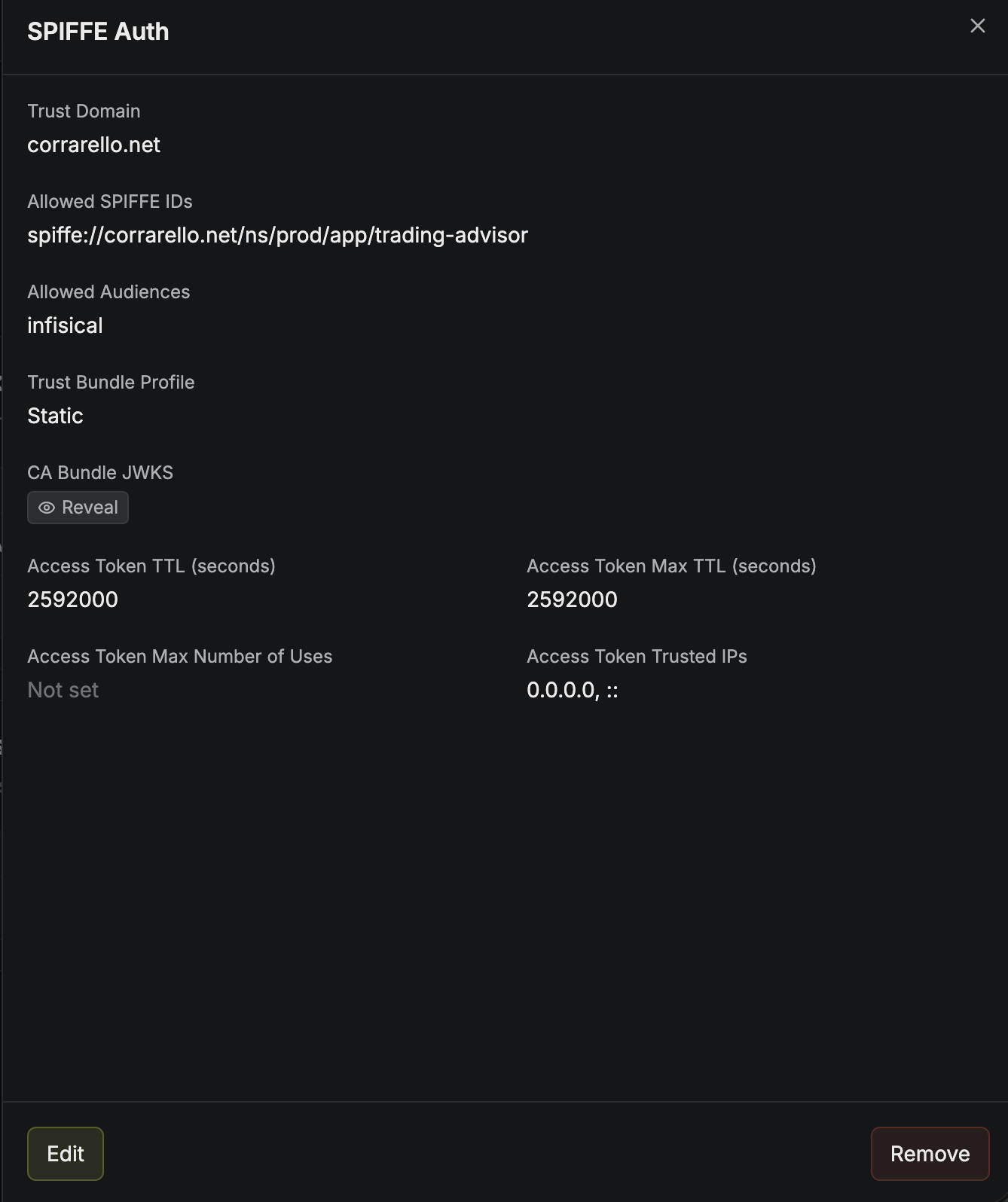 SPIFFE Auth configured on an Infisical machine identity, with trust domain corrarello.net, allowed SPIFFE ID spiffe://corrarello.net/ns/prod/app/trading-advisor and allowed audience infisical