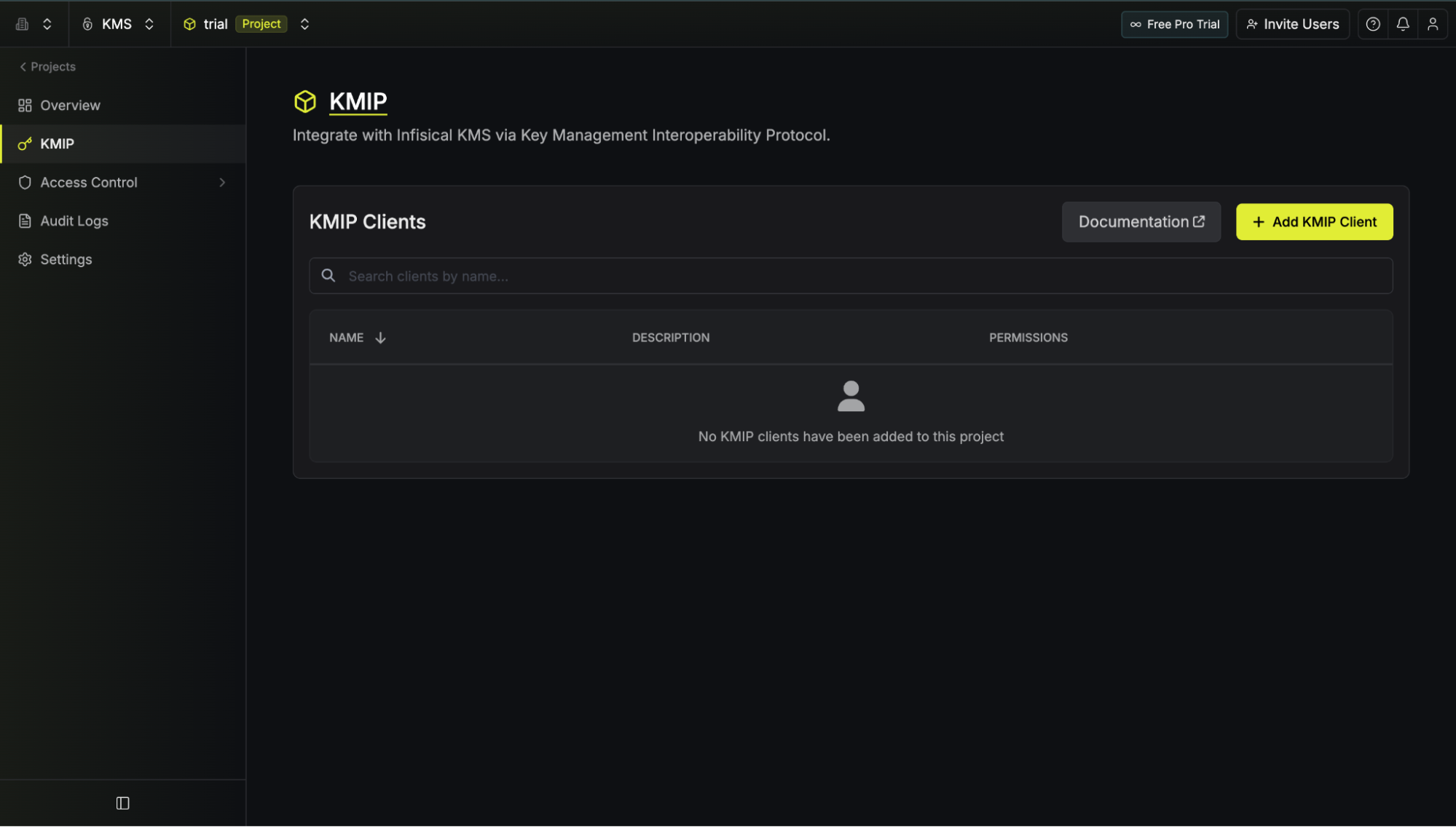 Registering a KMIP client and generating certificates in the Infisical dashboard