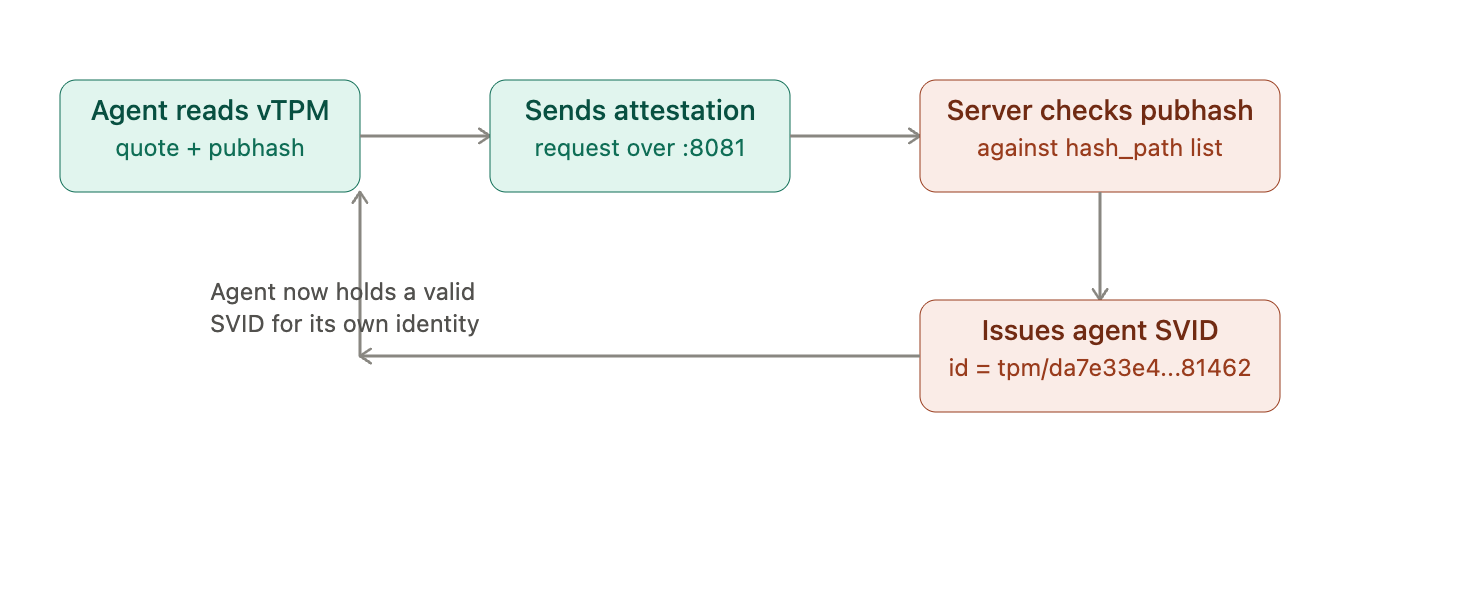 The agent reads a vTPM quote and pubhash, sends an attestation request over port 8081, the server checks the pubhash against its hash_path list and issues the agent its own SVID