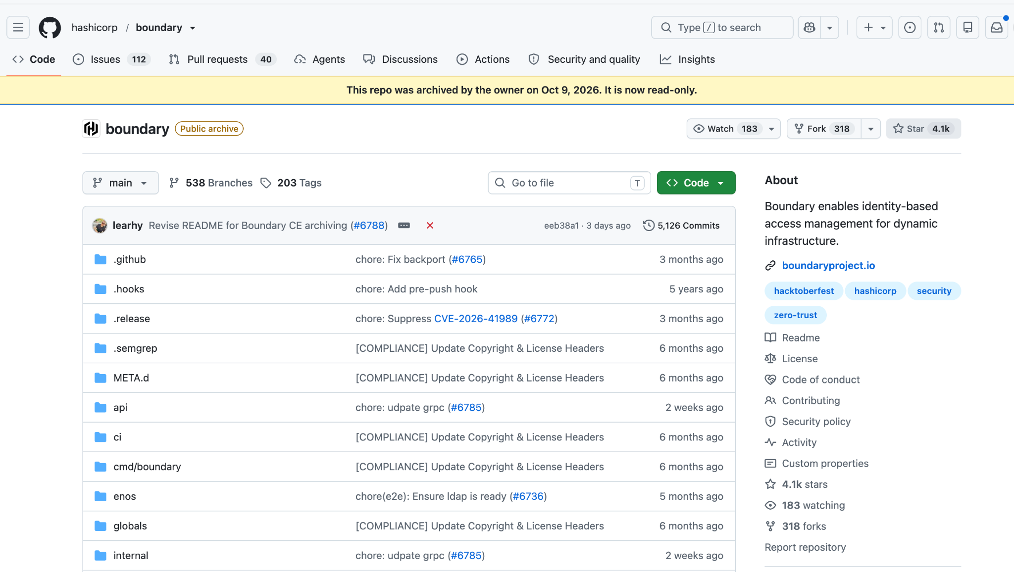 GitHub page for the hashicorp/boundary repository with a Public archive badge and the banner: This repo was archived by the owner on Oct 9, 2026. It is now read-only.