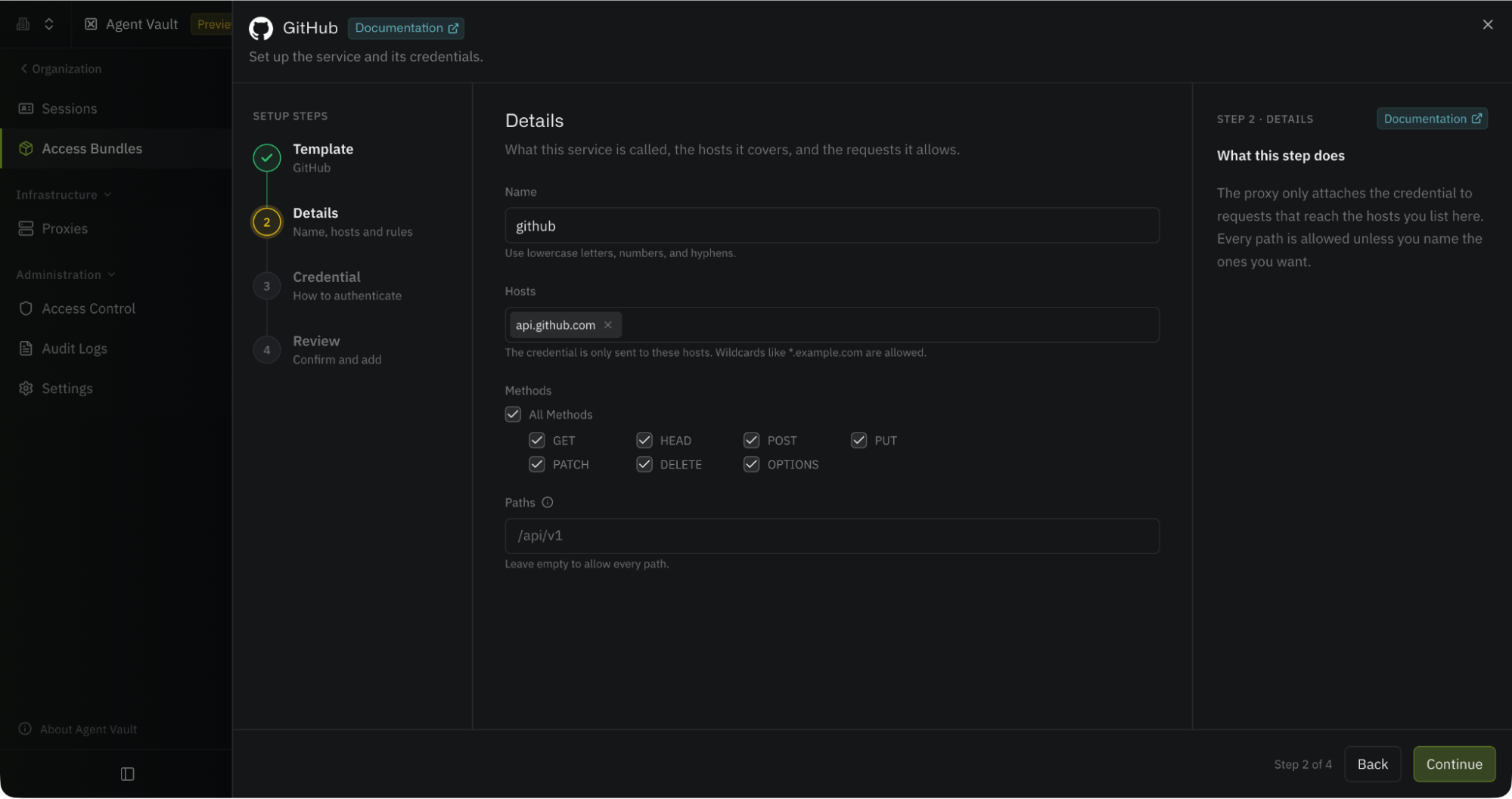 The Details step of adding the GitHub service in Agent Vault: name github, host api.github.com, every HTTP method allowed, and the paths field left empty