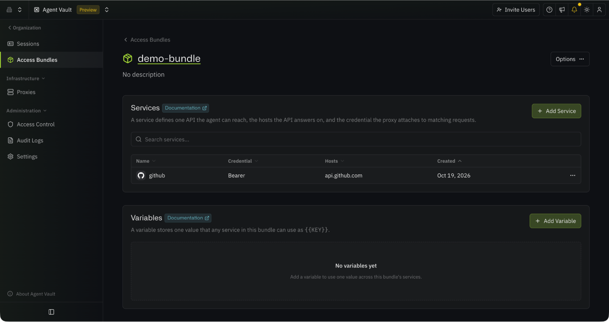 The demo-bundle access bundle in Infisical Agent Vault, with one GitHub service that uses a Bearer credential for the host api.github.com