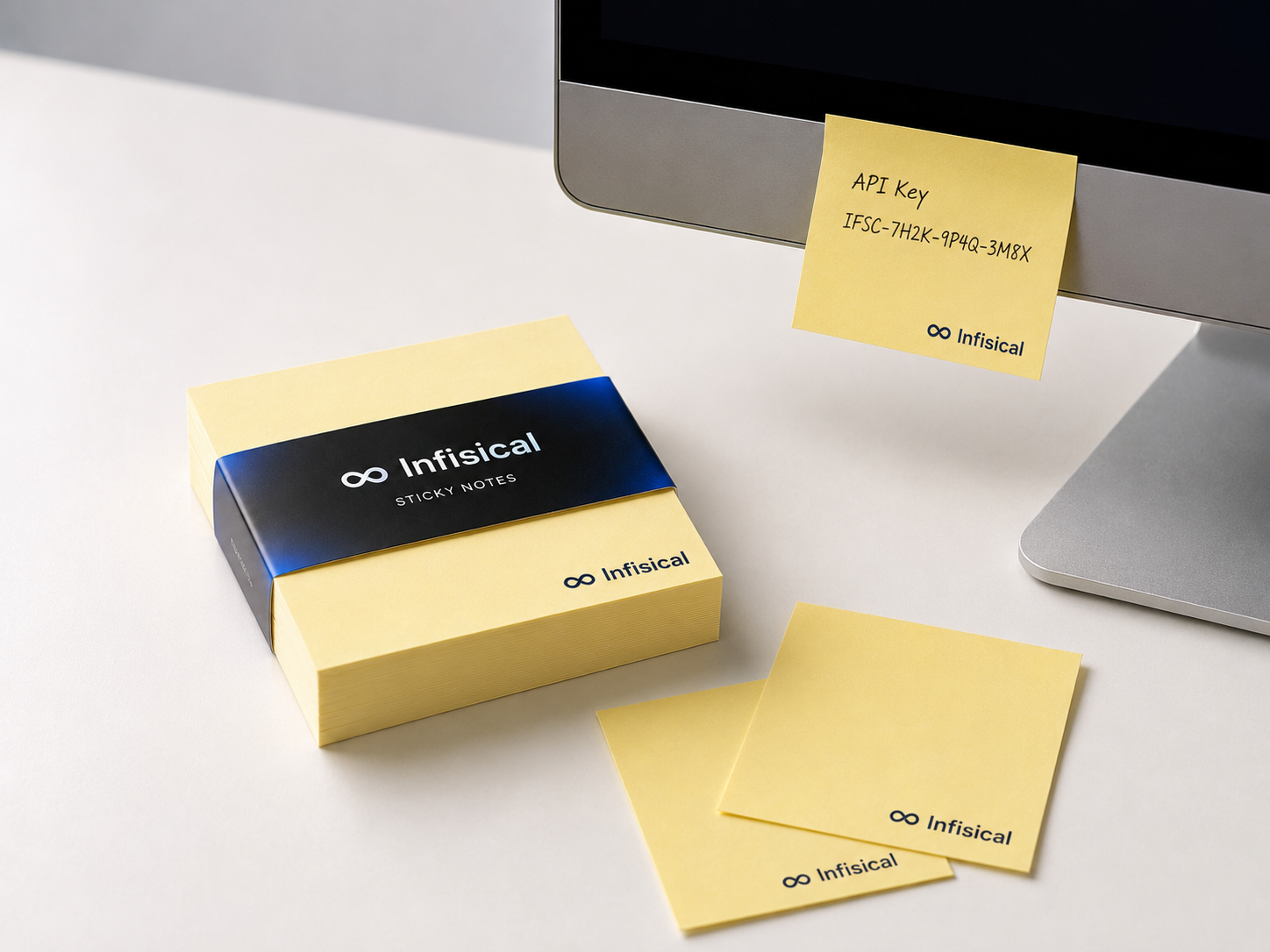 Infisical-branded sticky notes on a desk with an API key written on one stuck to a monitor