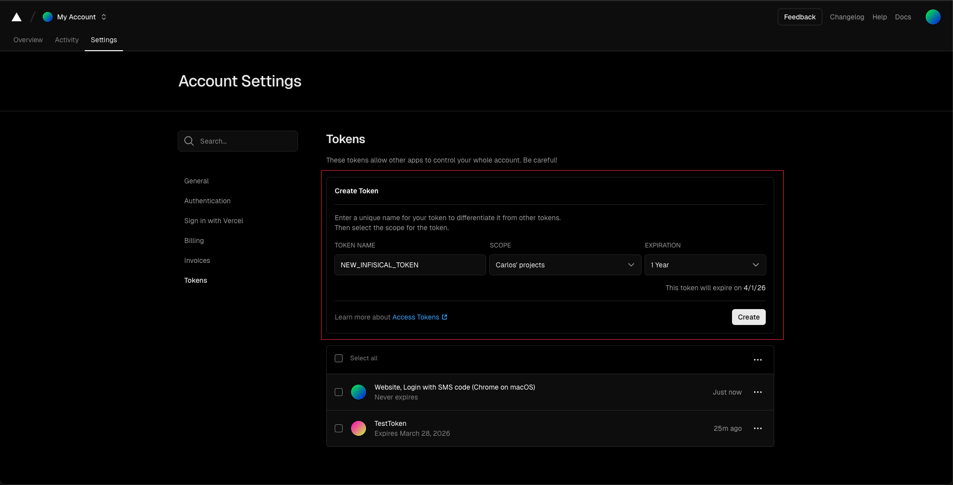 Generating an API token in Vercel's Account Settings