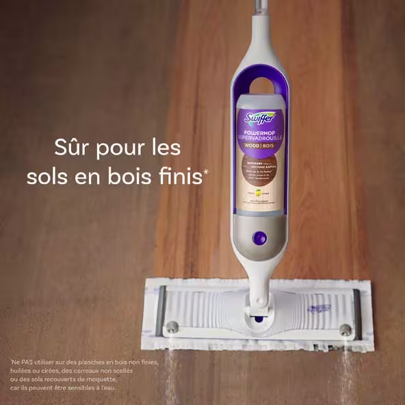 Swiffer PowerMop pour sols en bois, doté de la technologie Quick Dry, nettoie en toute sécurité les surfaces en bois finies