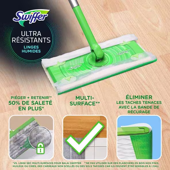 Les linges humides Swiffer Heavy Duty sont conçues pour piéger 50 % de saleté en plus, adaptées à plusieurs surfaces et dotées d'une bande de récurage