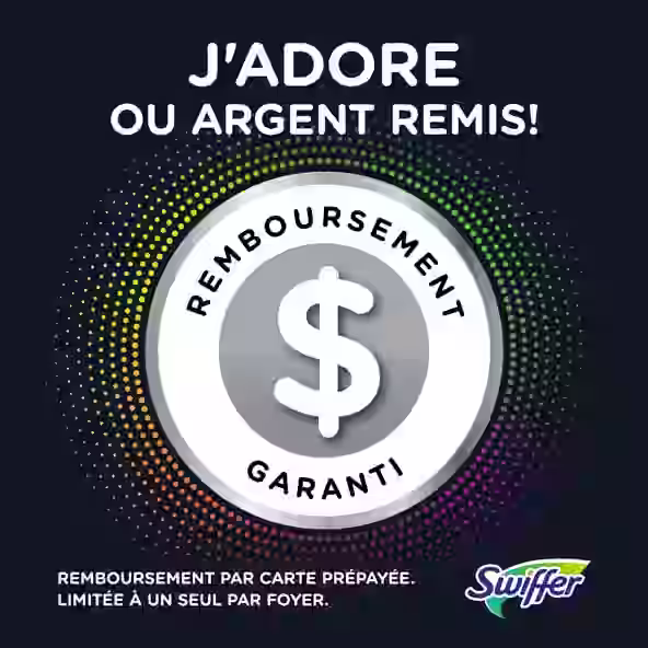 Graphique promotionnel Swiffer présentant un message de garantie de remboursement axé sur la satisfaction du client et les limites.